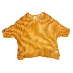 Eyelet knit women yellow v-neck crochet top 3/4 sleeve size XL